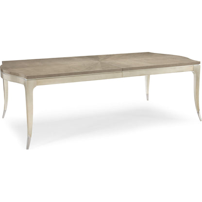 On a Silver Platter Dining Table by Caracole in maple, silver and moonlit sand, soft silver leaf. Made from pine, birch, silver curly maple in a transitional style.