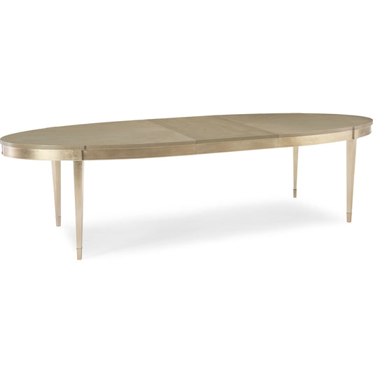 A House Favorite Dining Table by Caracole in silver, smoke, taupe and smoke, taupe silver leaf. Made from birch, fumed figured tiger maple in a transitional style.