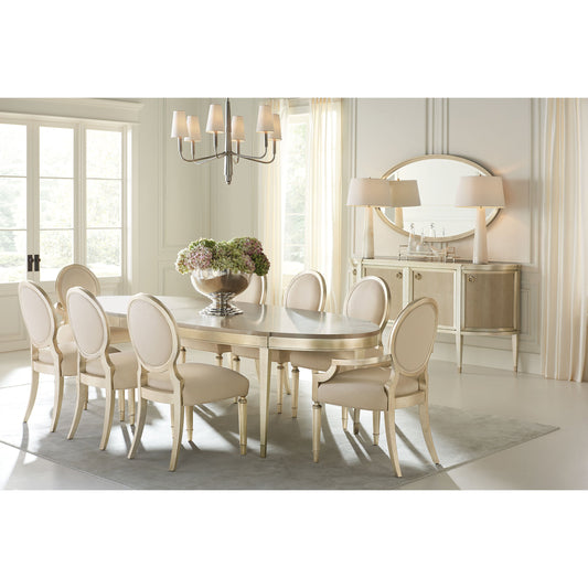 A House Favorite Dining Table by Caracole in silver, smoke, taupe and smoke, taupe silver leaf. Made from birch, fumed figured tiger maple in a transitional style.