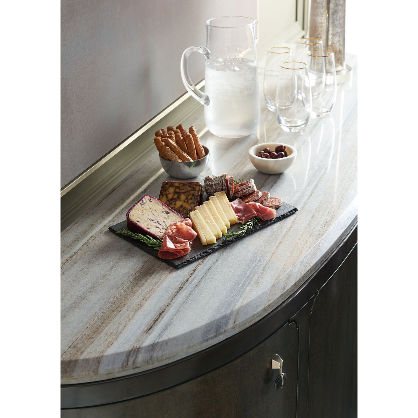 001 SR-769053 | Lifestyle | Serve Yourself Server by Caracole in charcoal, blue and charcoal anegre, seal skin, whisper of gold. Made from birch, figured anegre, maple in a transitional style.