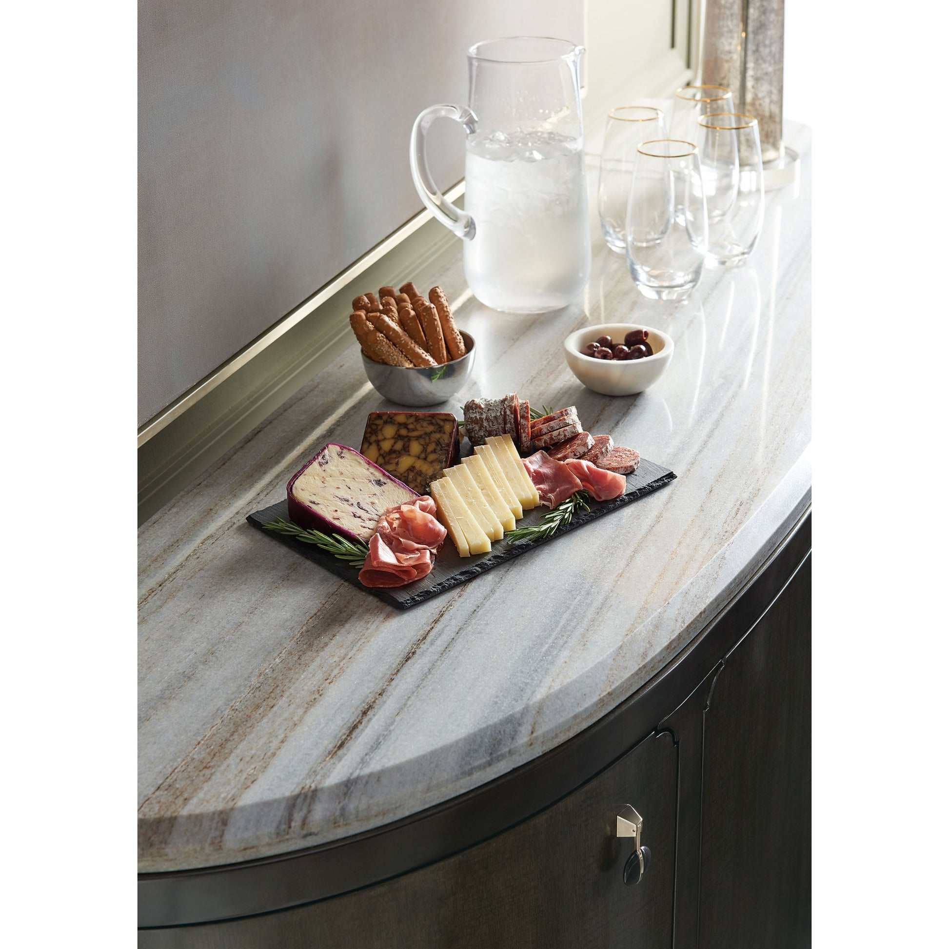 Serve Yourself Server by Caracole in charcoal, blue and charcoal anegre, seal skin, whisper of gold. Made from birch, figured anegre, maple in a transitional style.