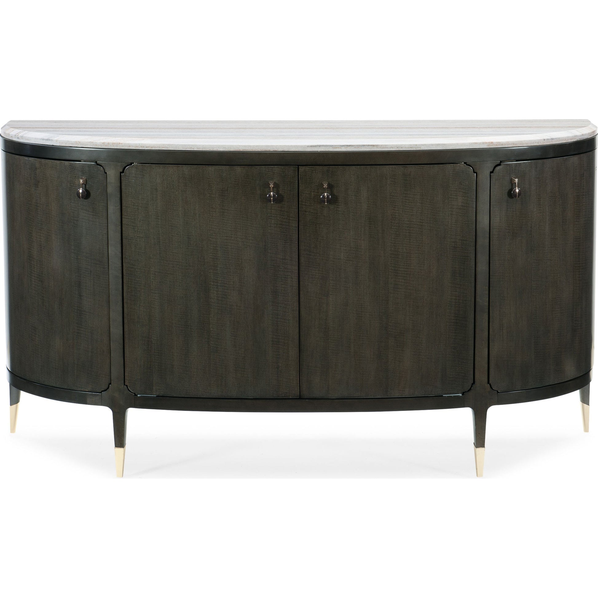 Serve Yourself Server by Caracole in charcoal, blue and charcoal anegre, seal skin, whisper of gold. Made from birch, figured anegre, maple in a transitional style.
