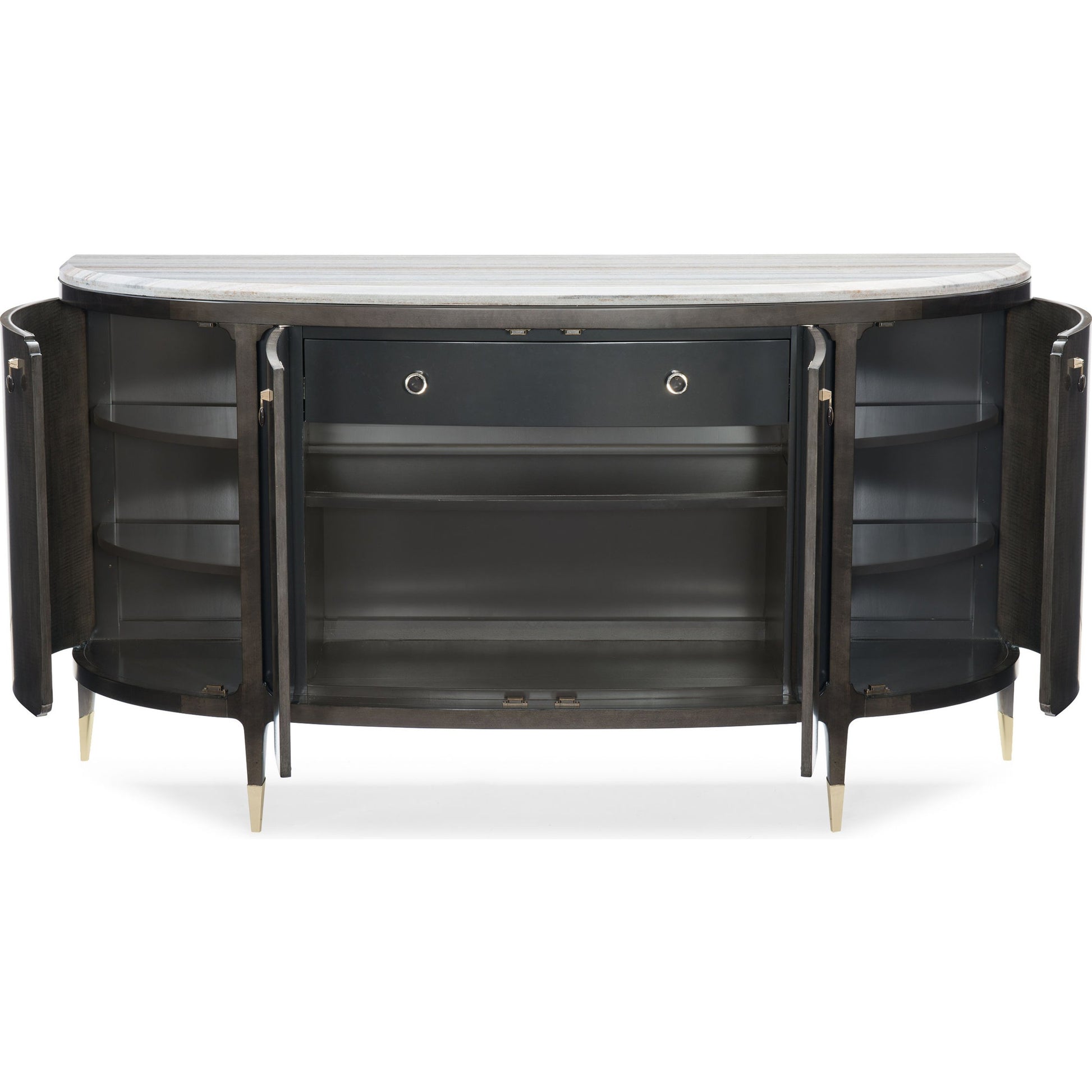 Serve Yourself Server by Caracole in charcoal, blue and charcoal anegre, seal skin, whisper of gold. Made from birch, figured anegre, maple in a transitional style.