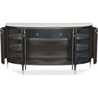 Serve Yourself Server by Caracole in charcoal, blue and charcoal anegre, seal skin, whisper of gold. Made from birch, figured anegre, maple in a transitional style.