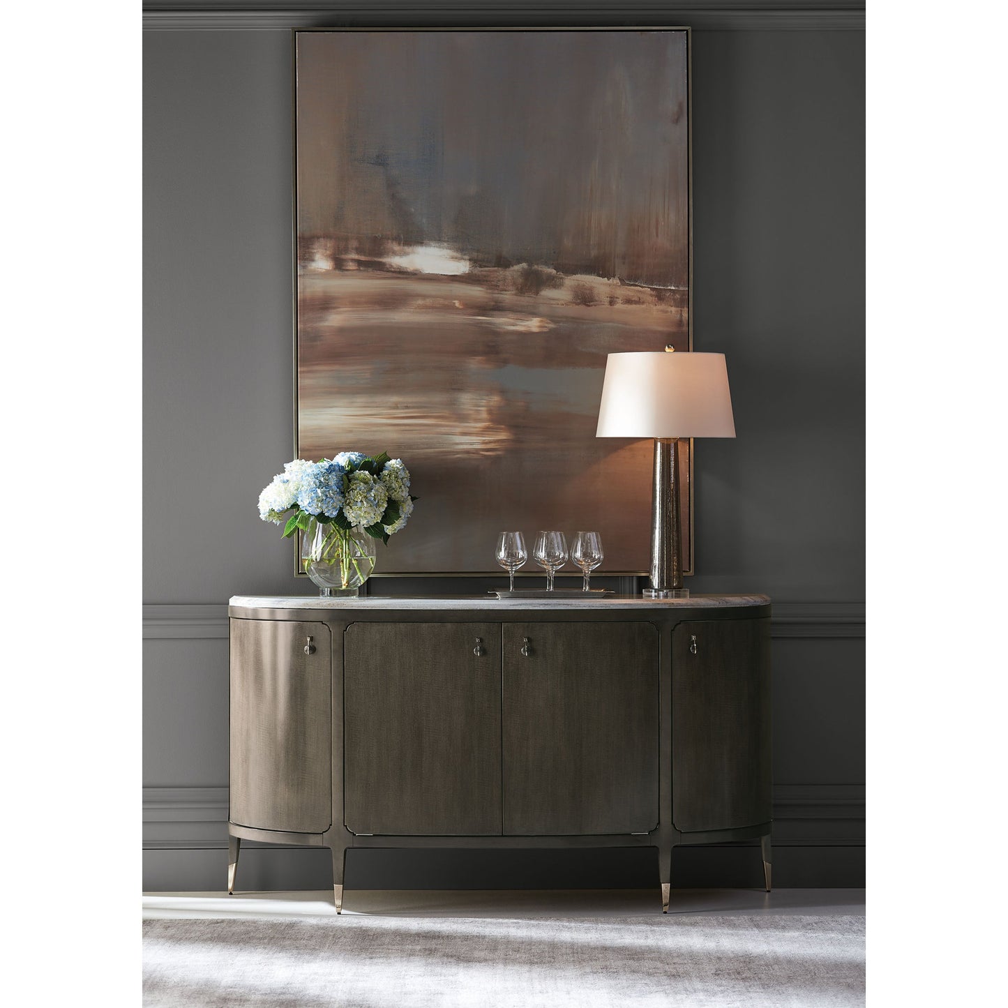 005 SR-769053 | Lifestyle | Serve Yourself Server by Caracole in charcoal, blue and charcoal anegre, seal skin, whisper of gold. Made from birch, figured anegre, maple in a transitional style.