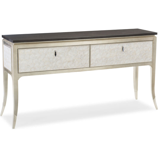Shell It Like It Is Console by Caracole in maple, silver and midnight maple, soft silver leaf, soft silver paint, lightly brushed chrome. Made from pine, birch, black curly maple in a transitional style.