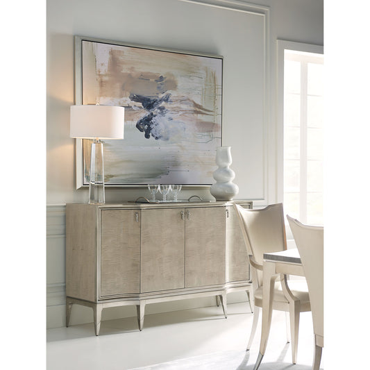 May I Serve You Credenza by Caracole in maple, silver and moonlit sand, soft silver leaf. Made from pine, birch, silver curly maple, maple in a transitional style.