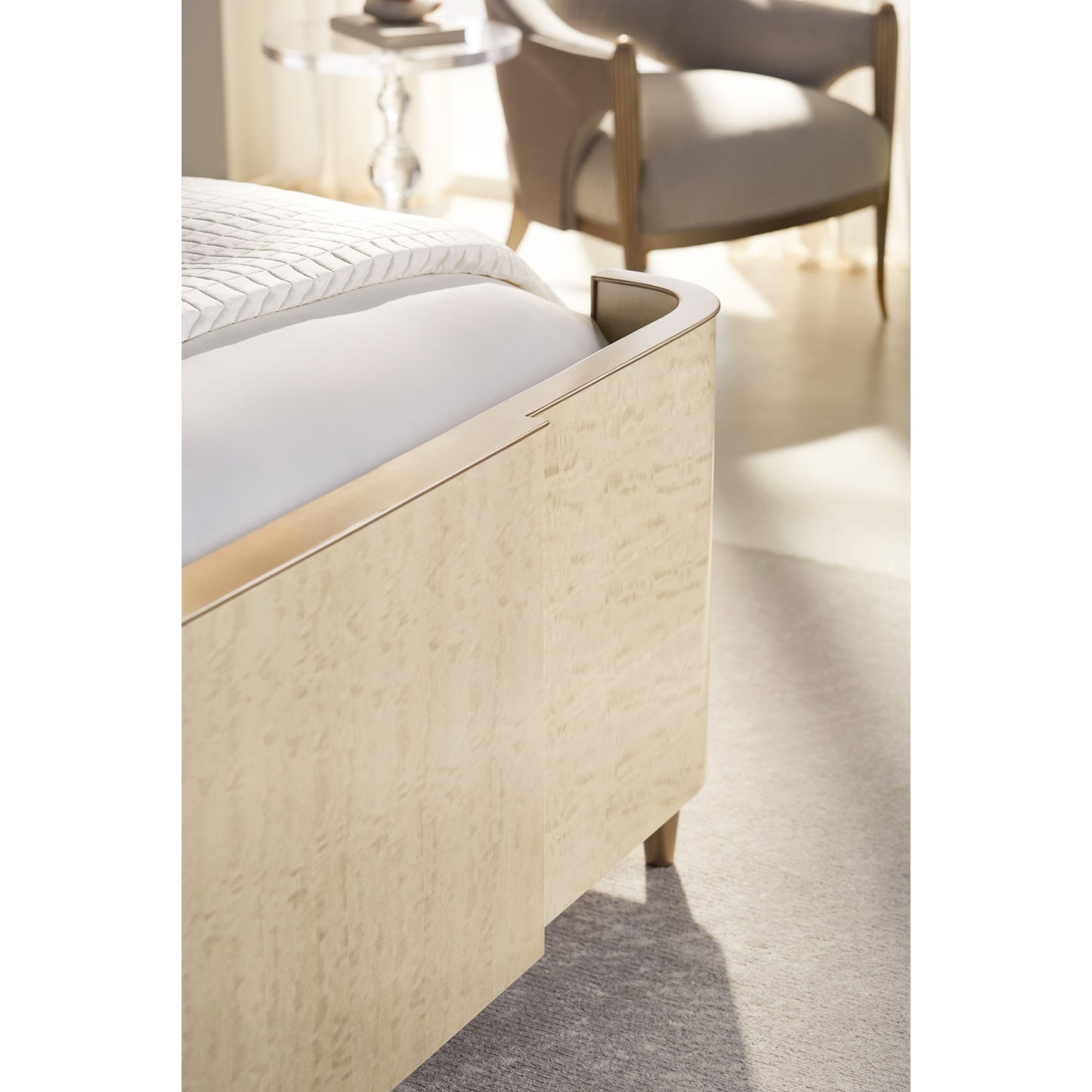 002 SR-770628 | Closeup | Keep Under Wraps by Caracole in golden shimmer, platinum blonde. Made from birch, bleached block mottled anegre in a transitional style.