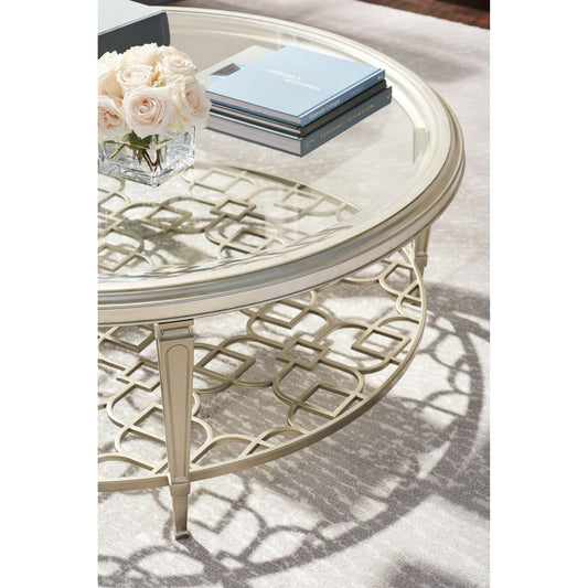 Social Gathering Cocktail Table by Caracole in silver, taupe and taupe silver leaf, taupe paint. Made from metal in a transitional style.