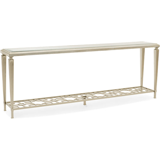 Highly Social Console Table by Caracole in silver, taupe and taupe silver leaf, taupe paint. Made from metal in a transitional style.