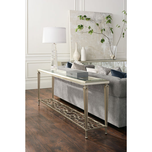 Highly Social Console Table by Caracole in silver, taupe and taupe silver leaf, taupe paint. Made from metal in a transitional style.