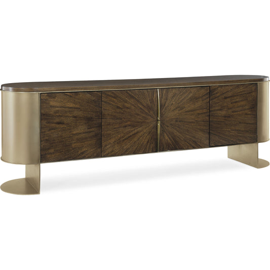 Prime Time Entertainment Console by Caracole in golden blonde and galway, golden blonde leaf, champagne gold. Made from metal, maple, quarter paldao in a modern style.