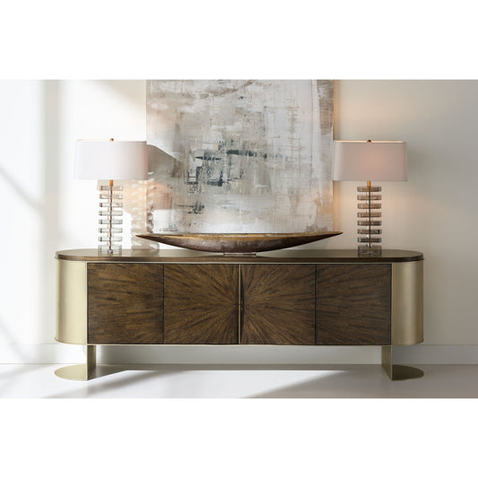 Prime Time Entertainment Console by Caracole in golden blonde and galway, golden blonde leaf, champagne gold. Made from metal, maple, quarter paldao in a modern style.