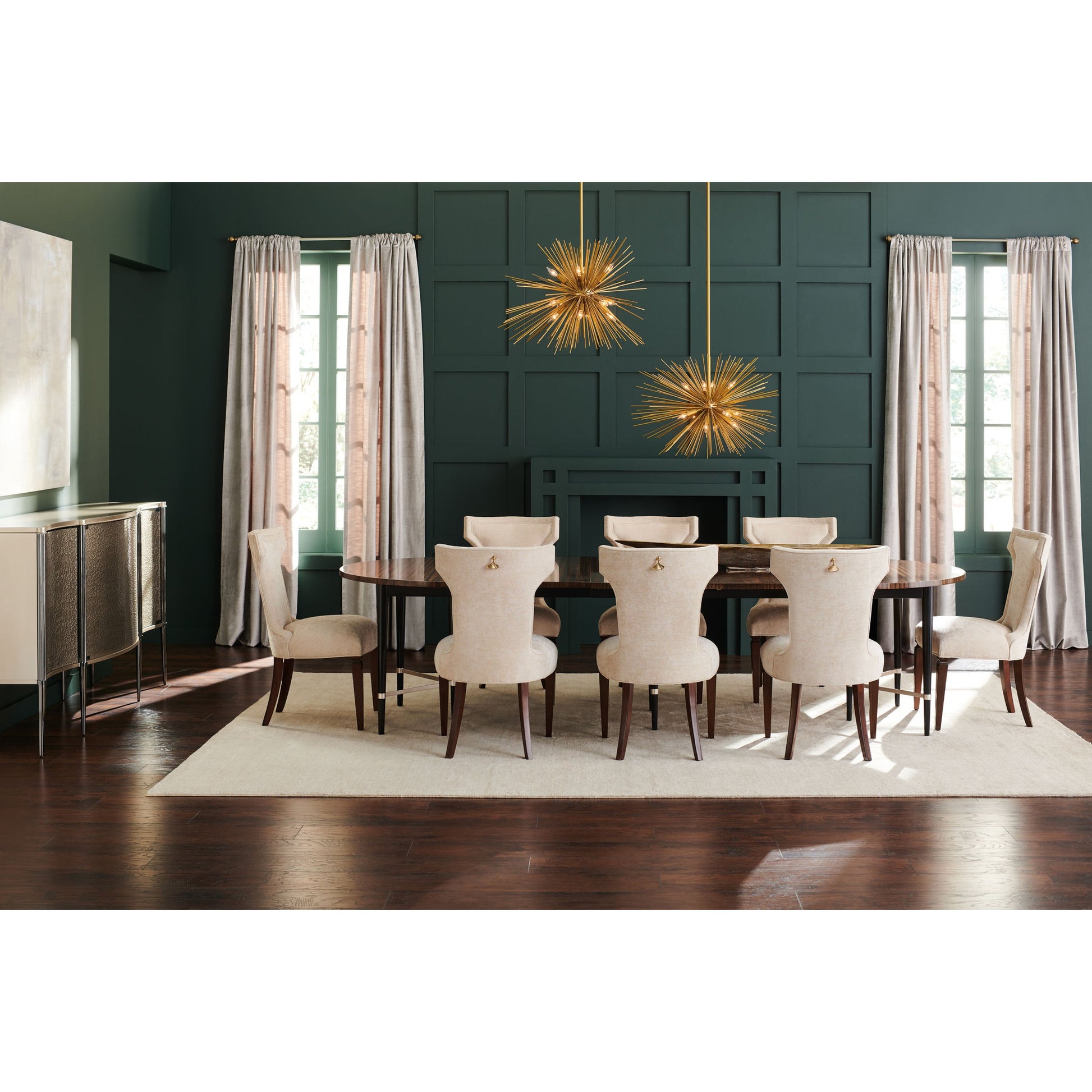 Long and Short of It by Caracole in black and saddle, black saddle, neutral metallic. Made from birch, quartered paldao in a transitional style.