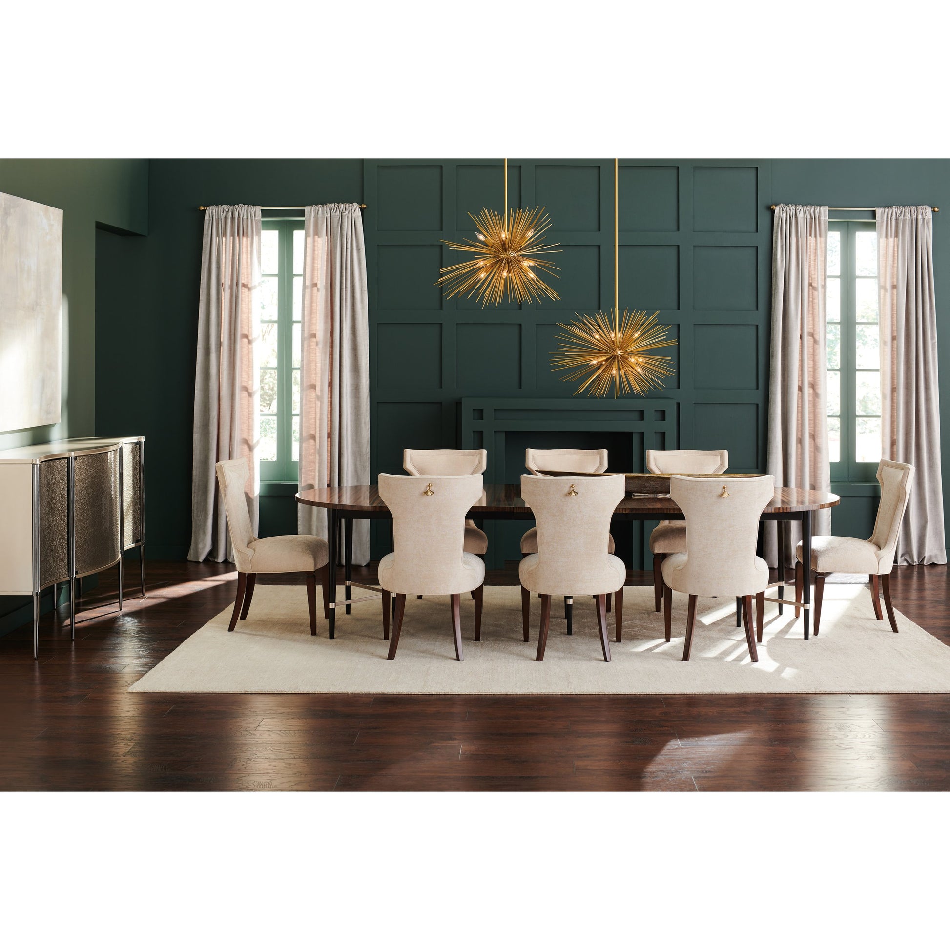 Long and Short of It by Caracole in black and saddle, black saddle, neutral metallic. Made from birch, quartered paldao in a transitional style.