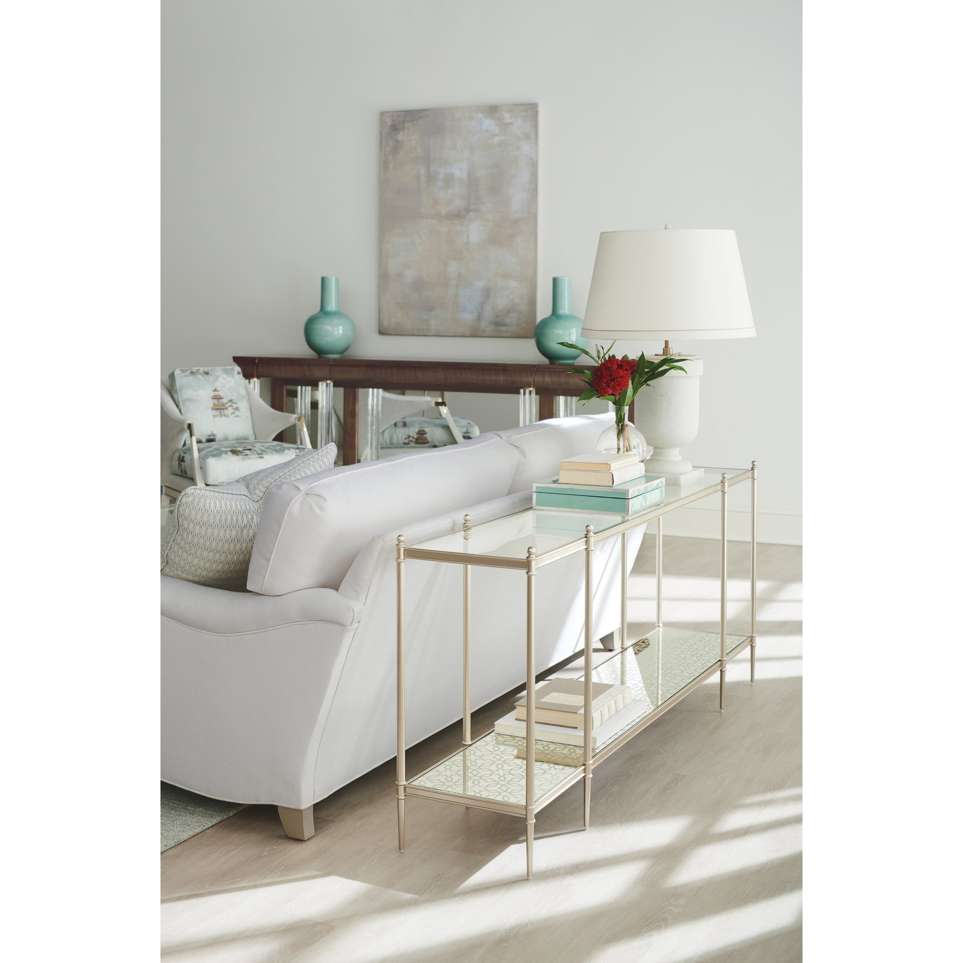 Perfection Console Table by Caracole in new gold. Made from metal in a transitional style.