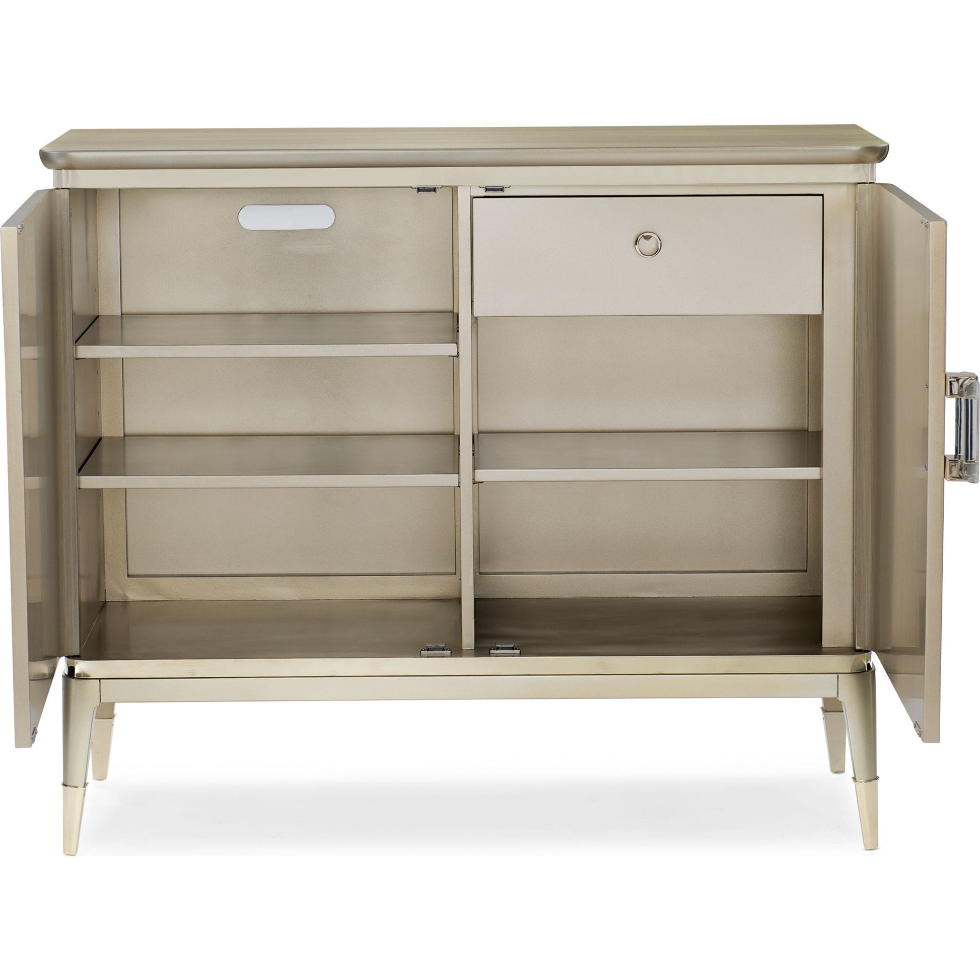 A Shimmer of Light by Caracole in champagne, taupe, gold and champagne shimmer, taupe paint. Made from birch, dyed koto, maple in a transitional style.