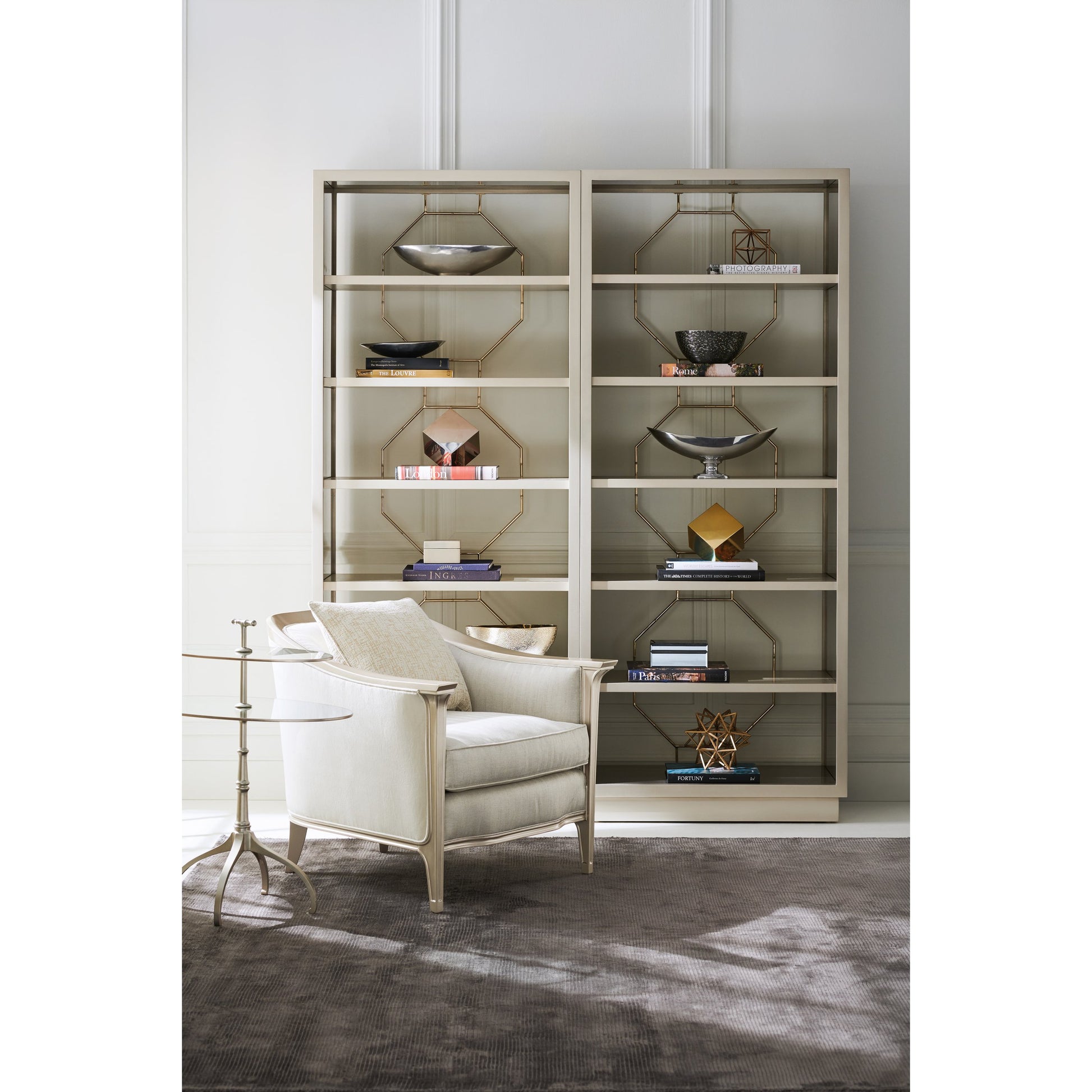 Going Up by Caracole in silver, gold, taupe and soft silver paint, taupe paint, whisper of gold. Made from birch, maple in a transitional style.