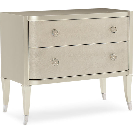 Perfect Match Nightstand by Caracole in smoked, silver, steel, maple and soft silver paint, smoked birdseye. Made from birch, bleached birdseye maple in a transitional style.