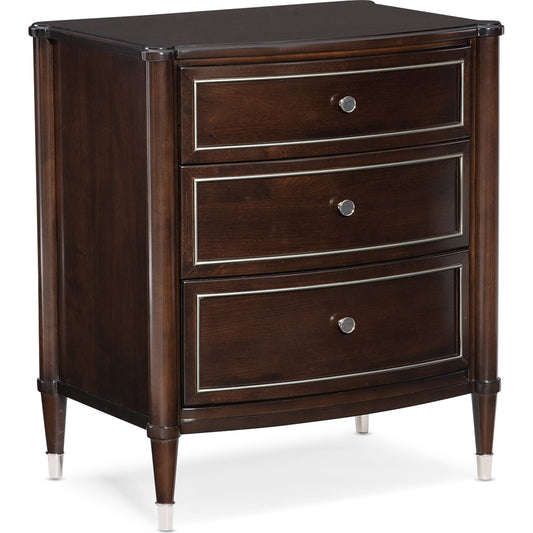 Suite Yourself Nightstand by Caracole in walnut, silver, steel and mocha walnut, soft silver paint. Made from birch, cathedral walnut in a transitional style.