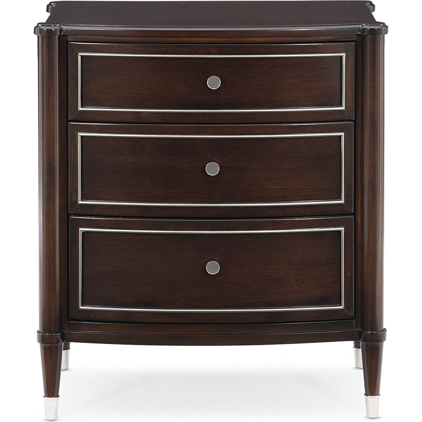 002 SR-877790 | Additional Silo | Suite Yourself Nightstand by Caracole in walnut, silver, steel and mocha walnut, soft silver paint. Made from birch, cathedral walnut in a transitional style.