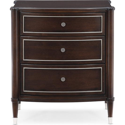 Suite Yourself Nightstand by Caracole in walnut, silver, steel and mocha walnut, soft silver paint. Made from birch, cathedral walnut in a transitional style.
