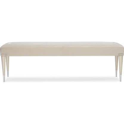 Boarding on Beautiful Bench by Caracole in silver, steel and soft silver paint. Made from birch in a traditional style.