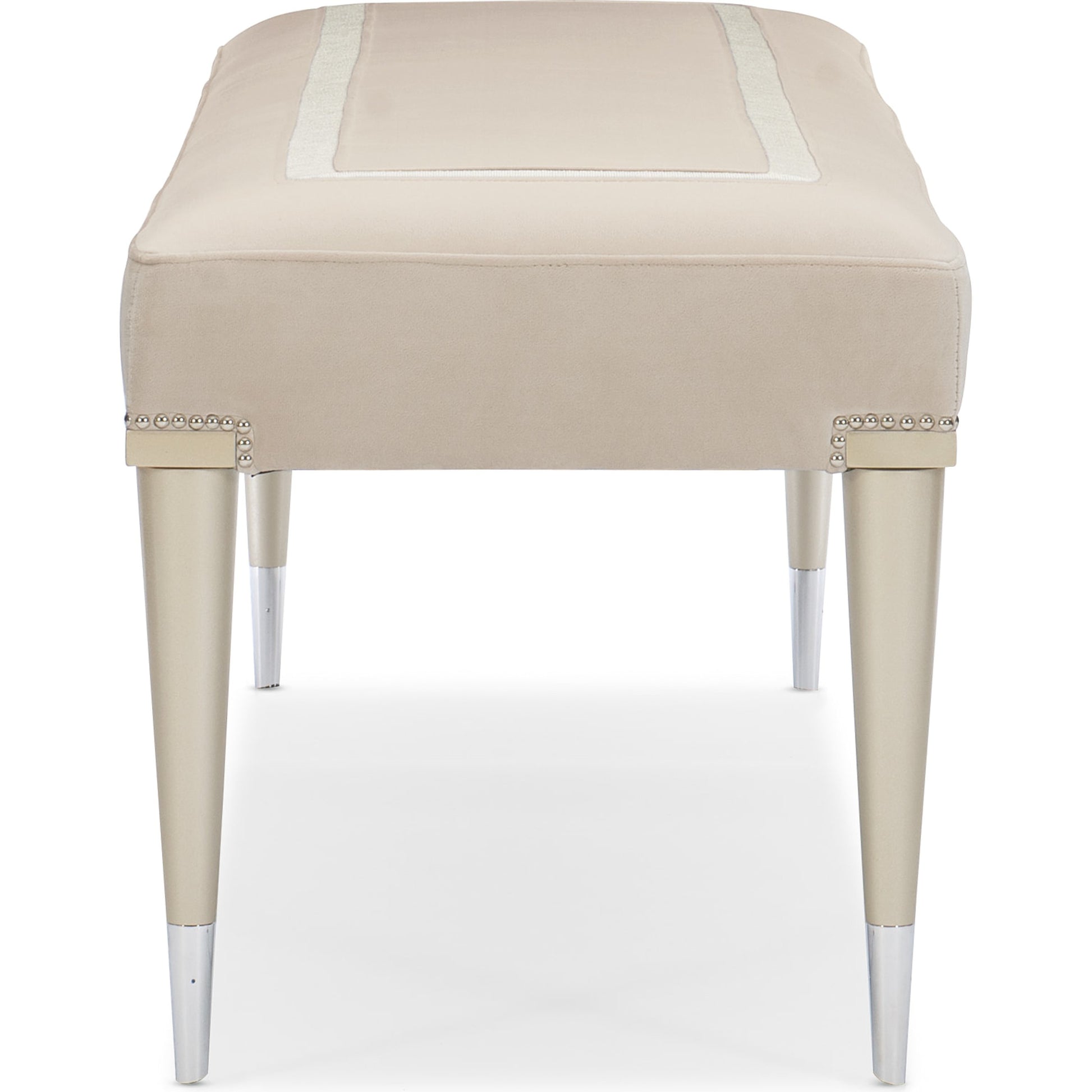 Boarding on Beautiful Bench by Caracole in silver, steel and soft silver paint. Made from birch in a traditional style.