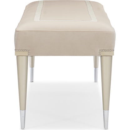 Boarding on Beautiful Bench by Caracole in silver, steel and soft silver paint. Made from birch in a traditional style.