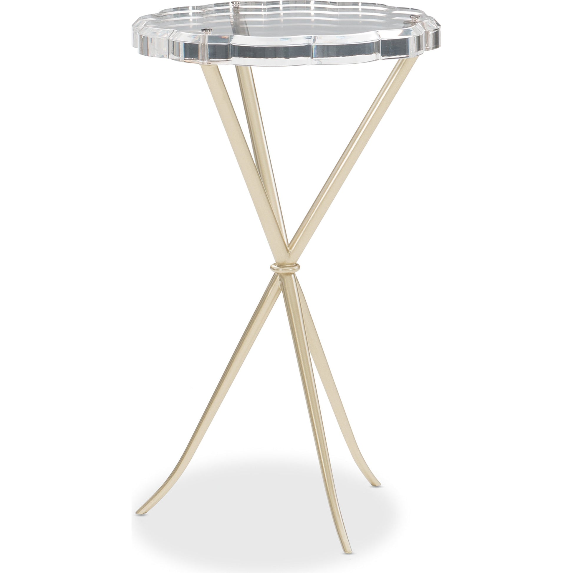 In a Tizzy Side Table by Caracole in acrylic and neutral metallic. Made from acrylic, metal in a modern style.