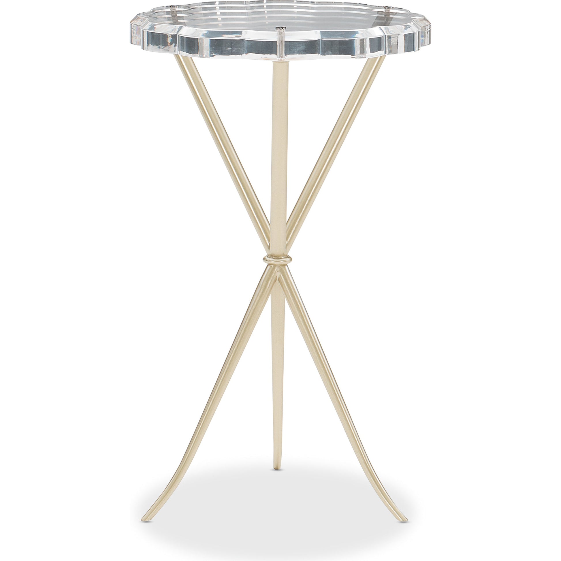 In a Tizzy Side Table by Caracole in acrylic and neutral metallic. Made from acrylic, metal in a modern style.