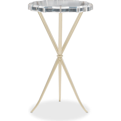 In a Tizzy Side Table by Caracole in acrylic and neutral metallic. Made from acrylic, metal in a modern style.