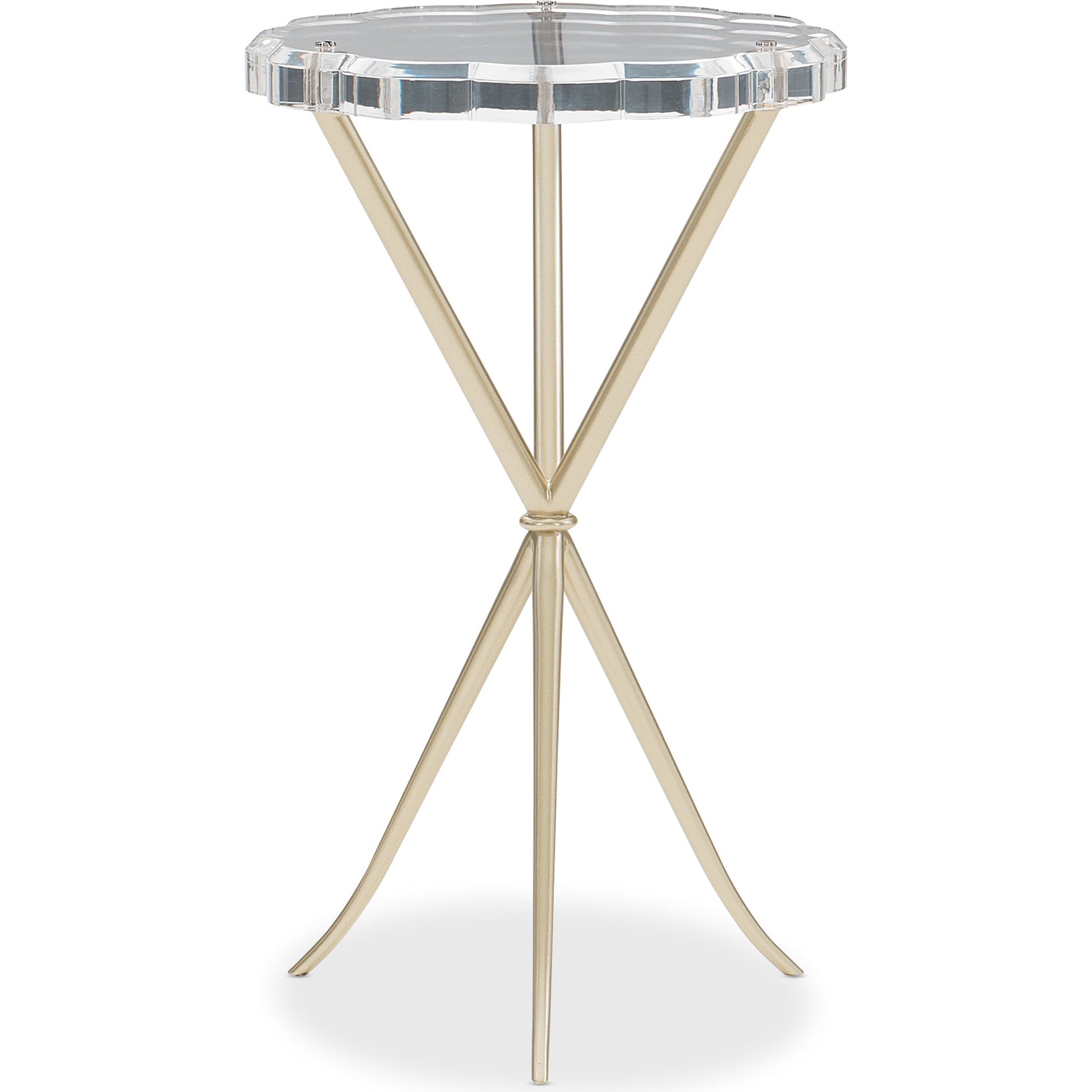 In a Tizzy Side Table by Caracole in acrylic and neutral metallic. Made from acrylic, metal in a modern style.