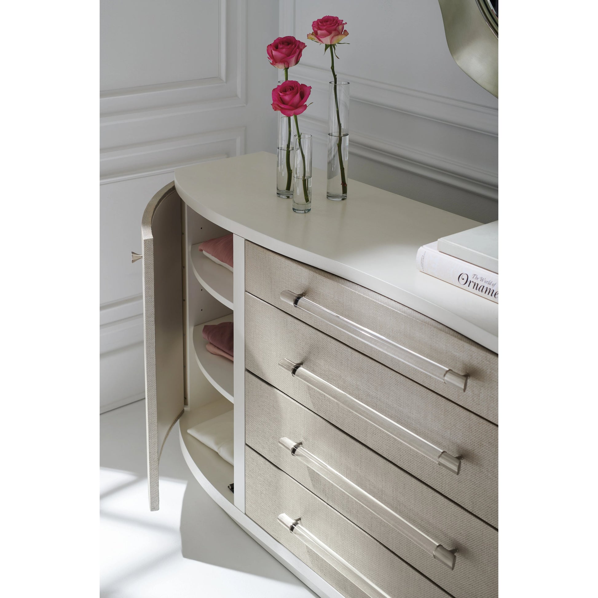 Clear to Me by Caracole in silver, ash, white, acrylic, steel and sun-kissed silver, pearly white. Made from ash, raffia, ash in a modern style.