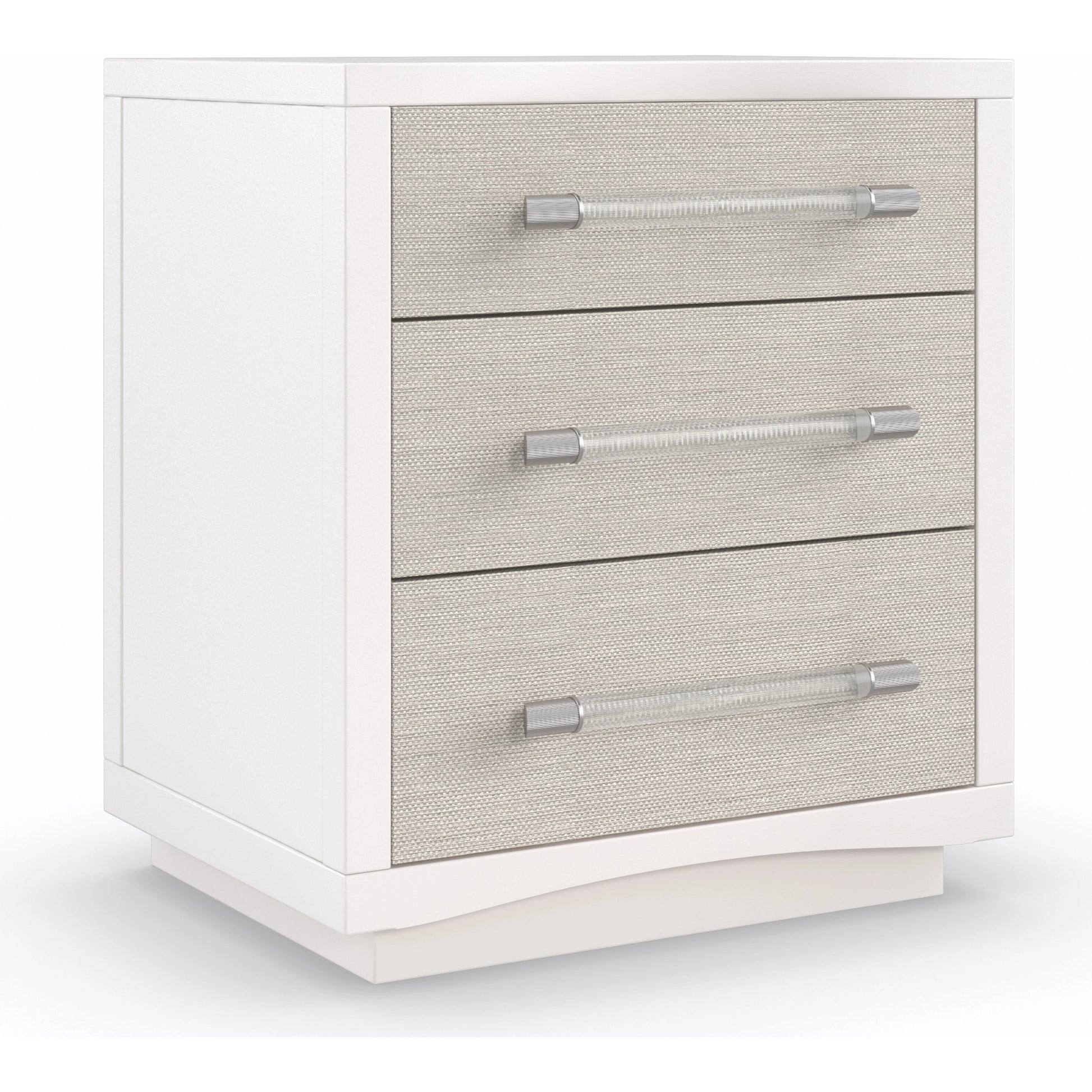 Clarity by Caracole in silver, ash, white, acrylic, steel and sun-kissed silver, pearly white. Made from ash, raffia, ash in a modern style.
