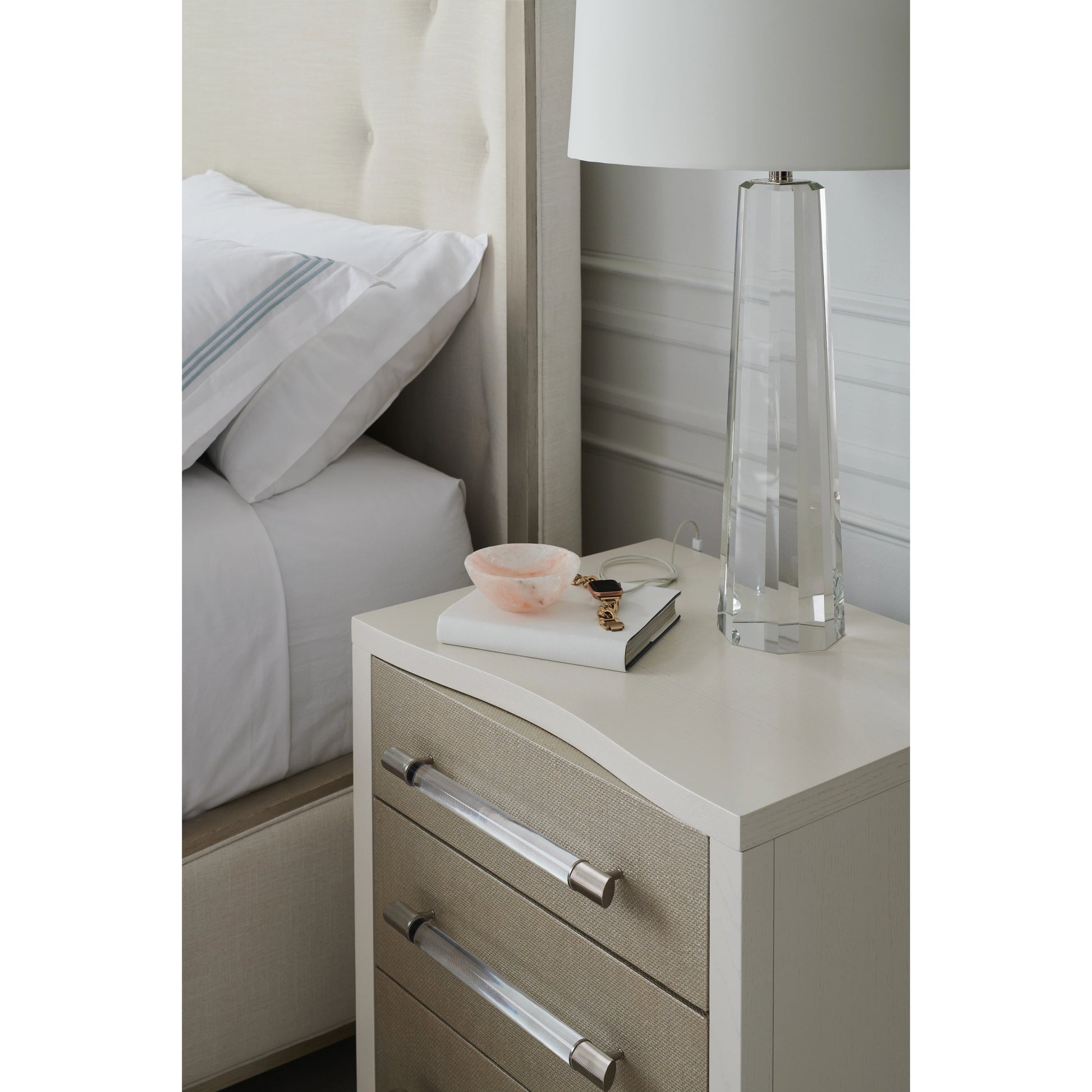 Clarity by Caracole in silver, ash, white, acrylic, steel and sun-kissed silver, pearly white. Made from ash, raffia, ash in a modern style.