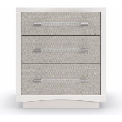 Clarity by Caracole in silver, ash, white, acrylic, steel and sun-kissed silver, pearly white. Made from ash, raffia, ash in a modern style.