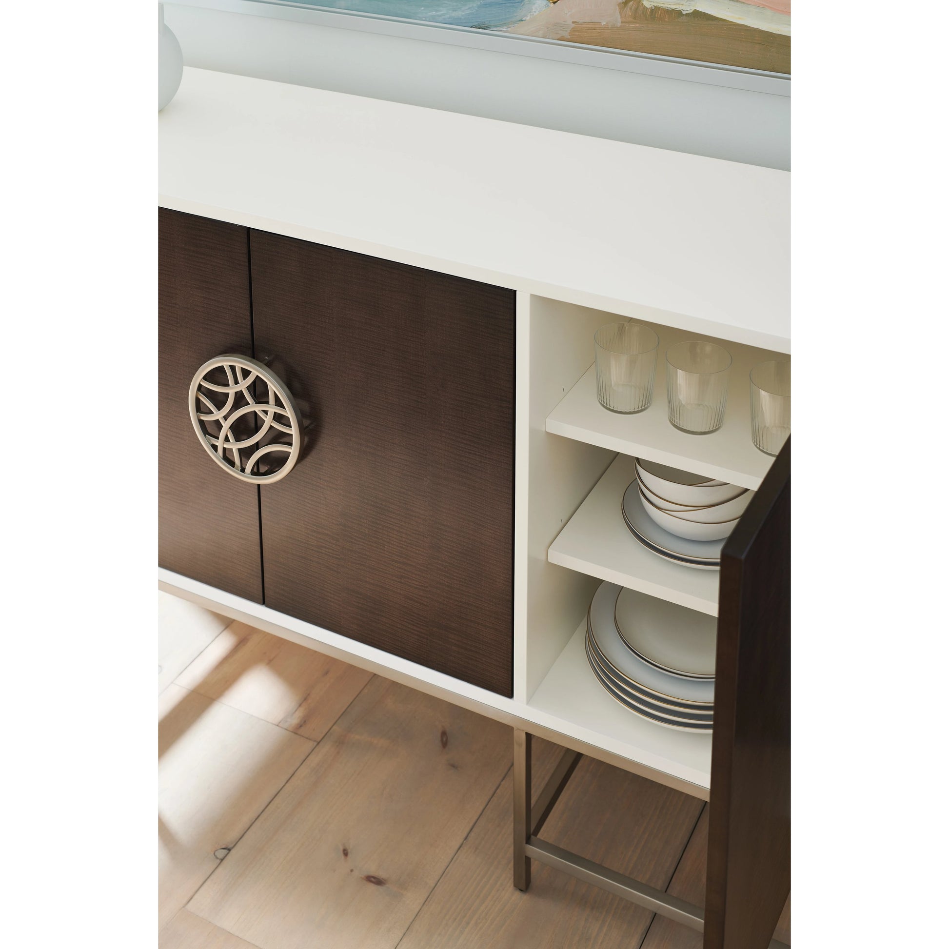 A Touch of Class by Caracole in oak and cloud white, brunette, satin nickel. Made from birch, metal, figured sycamore in a modern style.
