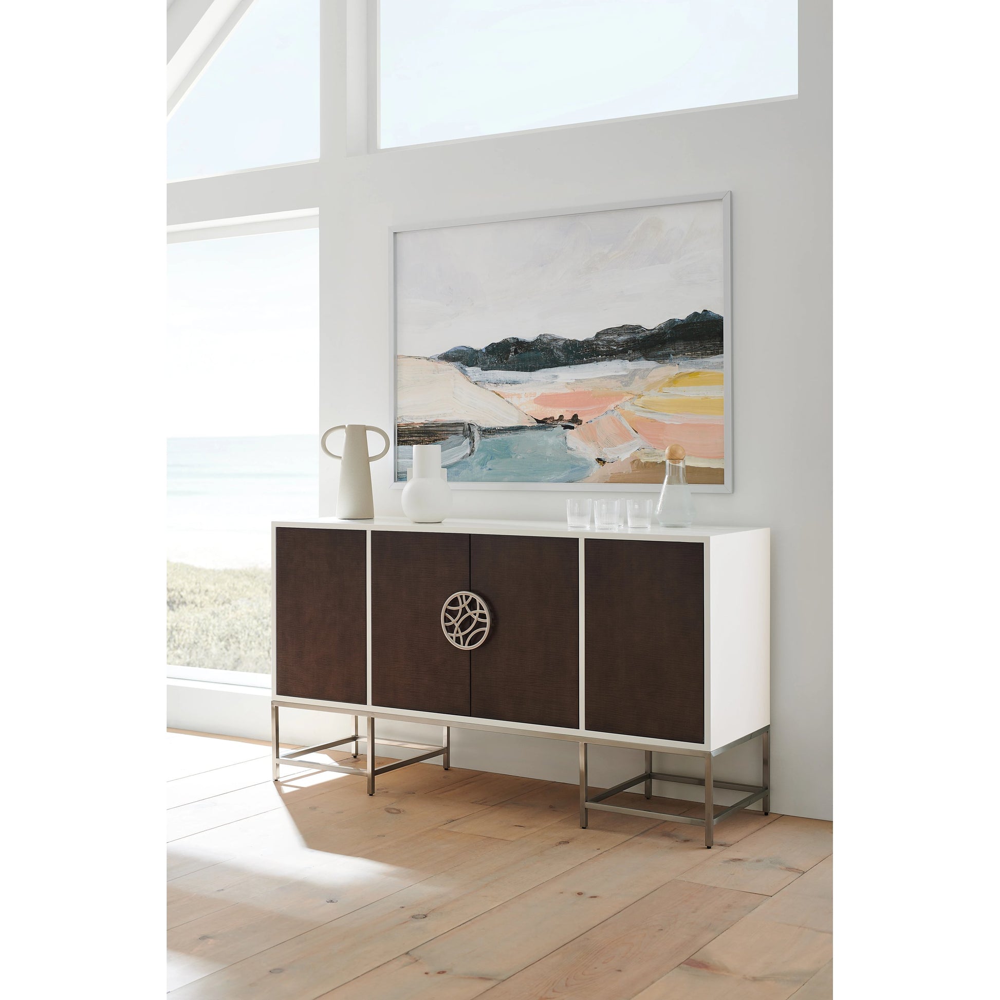 A Touch of Class by Caracole in oak and cloud white, brunette, satin nickel. Made from birch, metal, figured sycamore in a modern style.