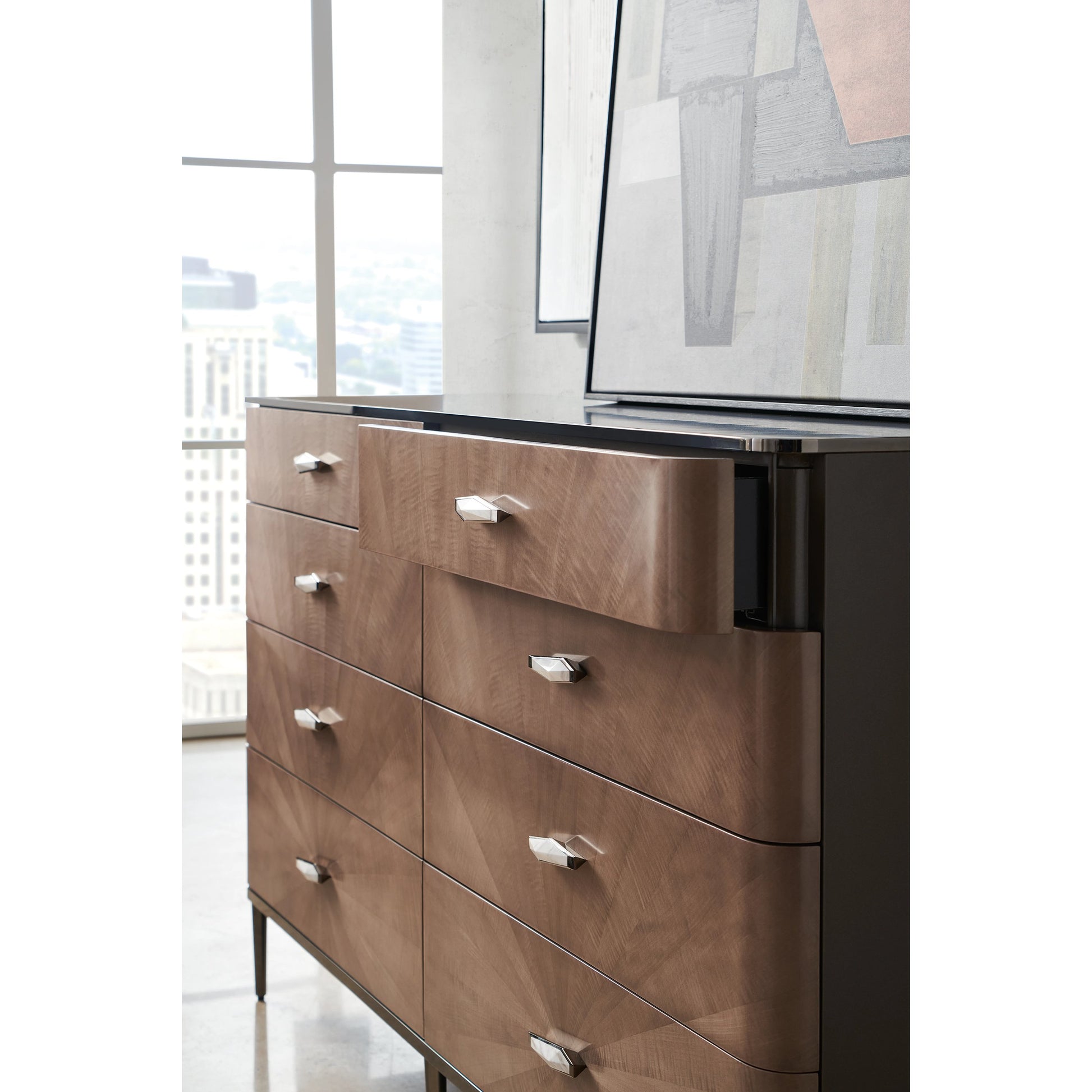 Prism by Caracole in maple, bronze, ivory and mocha, deep bronze. Made from birch, chocolate elegant tiger maple in a modern style.