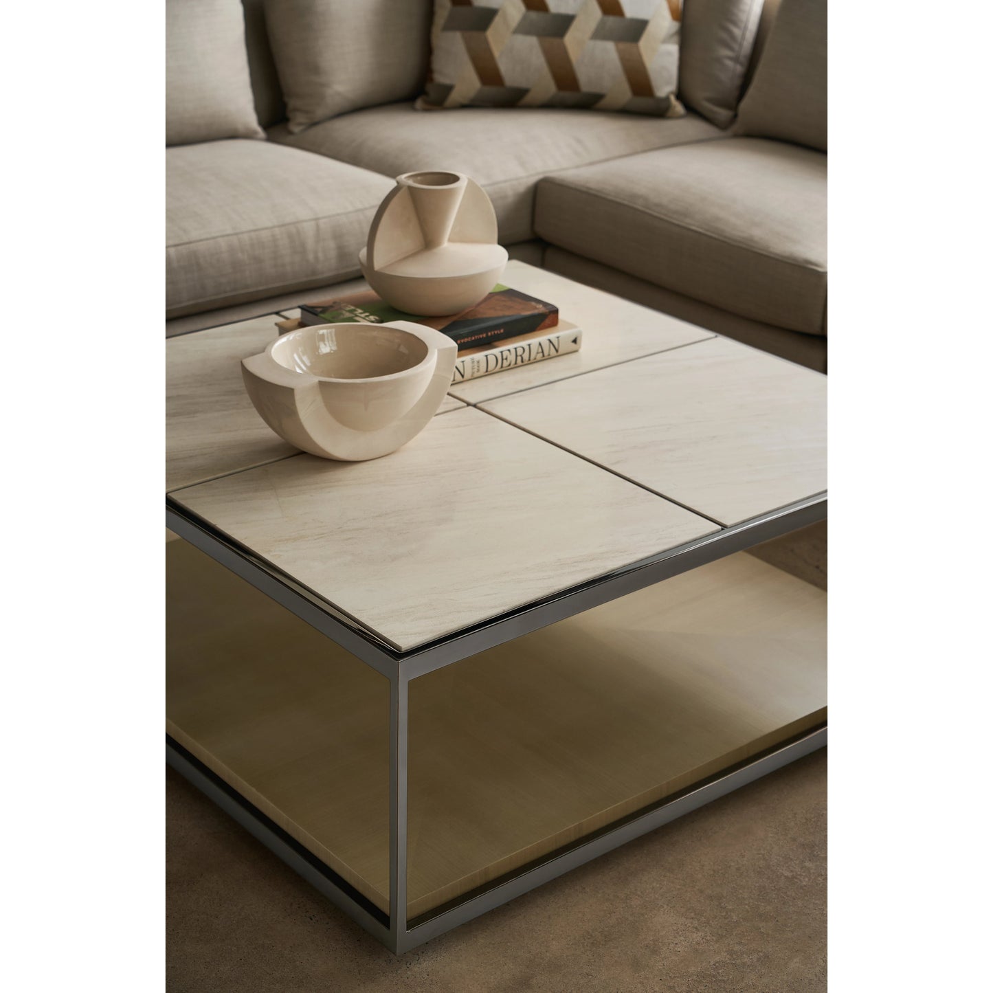 004 SI-1955782 | Lifestyle | Cartesian by Caracole in natural and deep bronze, woodland grey. Made from birch, metal, stone, coffee japanese sen in a modern style.