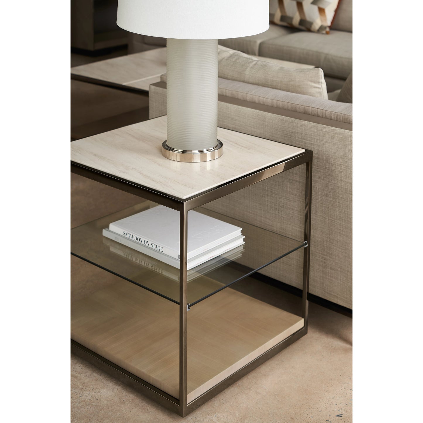 004 SI-1955789 | Lifestyle | Quadrant by Caracole in bronze and deep bronze, woodland grey. Made from metal, stone, coffee japanese sen in a modern style.