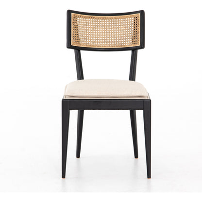 Britt Dining Chair by Four Hands in natural cane, savile flax, brushed ebony. Made from 92% polyester, 8% flax, linen, solid nettlewood, cane in a modern style.
