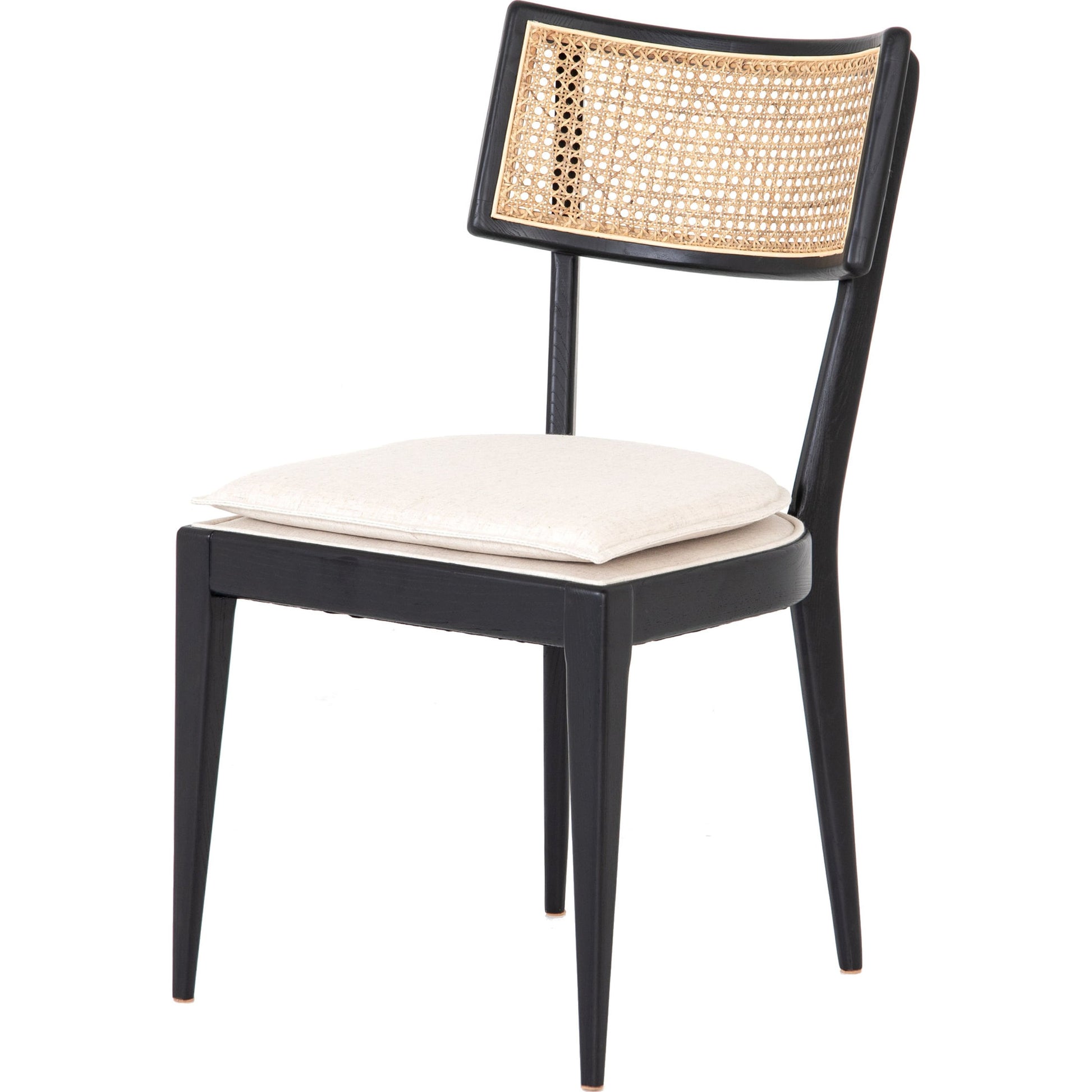 Britt Dining Chair by Four Hands in natural cane, savile flax, brushed ebony. Made from 92% polyester, 8% flax, linen, solid nettlewood, cane in a modern style.