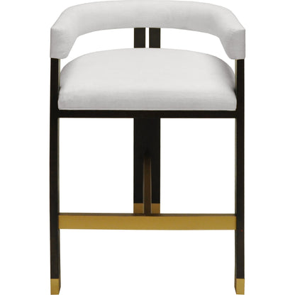 Cruise Counter Stool by Worlds Away in matte burl woodwhite linen. Made from hardwood solids, veneer, plywood, foam, fabric, metal in a cottage & farmhouse style.