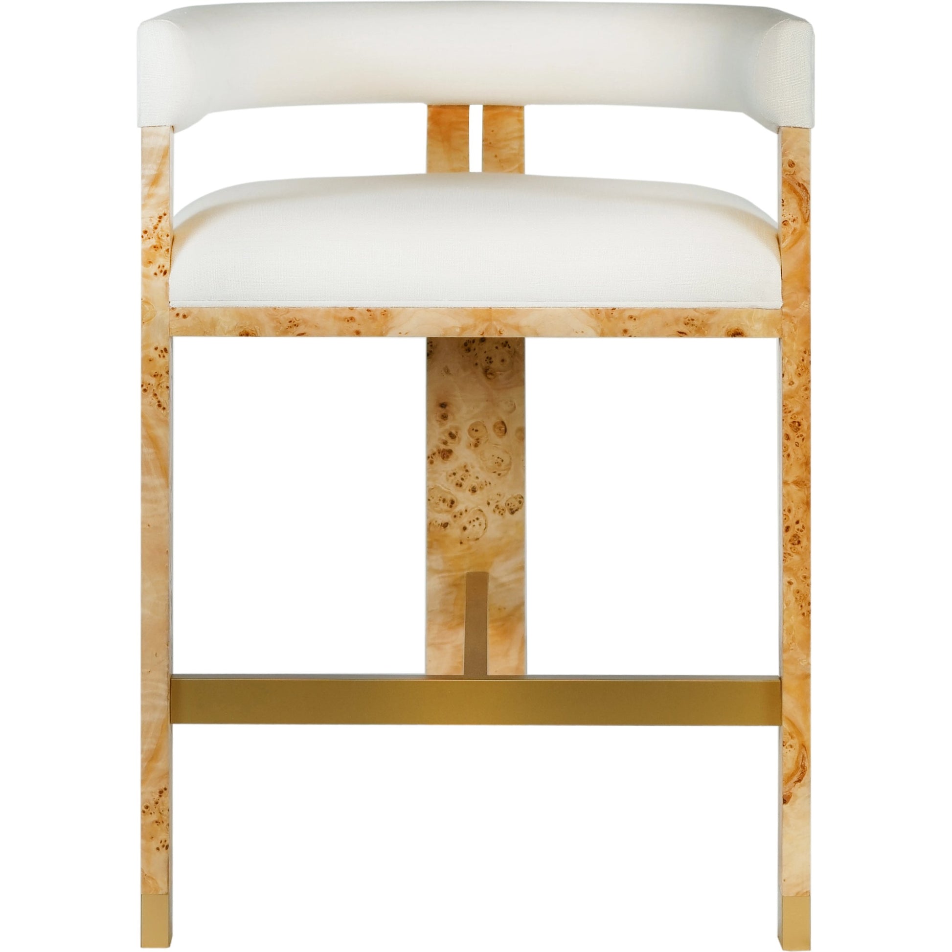 Cruise Counter Stool by Worlds Away in matte burl woodwhite linen. Made from hardwood solids, veneer, plywood, foam, fabric, metal in a cottage & farmhouse style.
