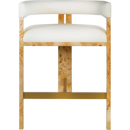 Cruise Counter Stool by Worlds Away in matte burl woodwhite linen. Made from hardwood solids, veneer, plywood, foam, fabric, metal in a cottage & farmhouse style.