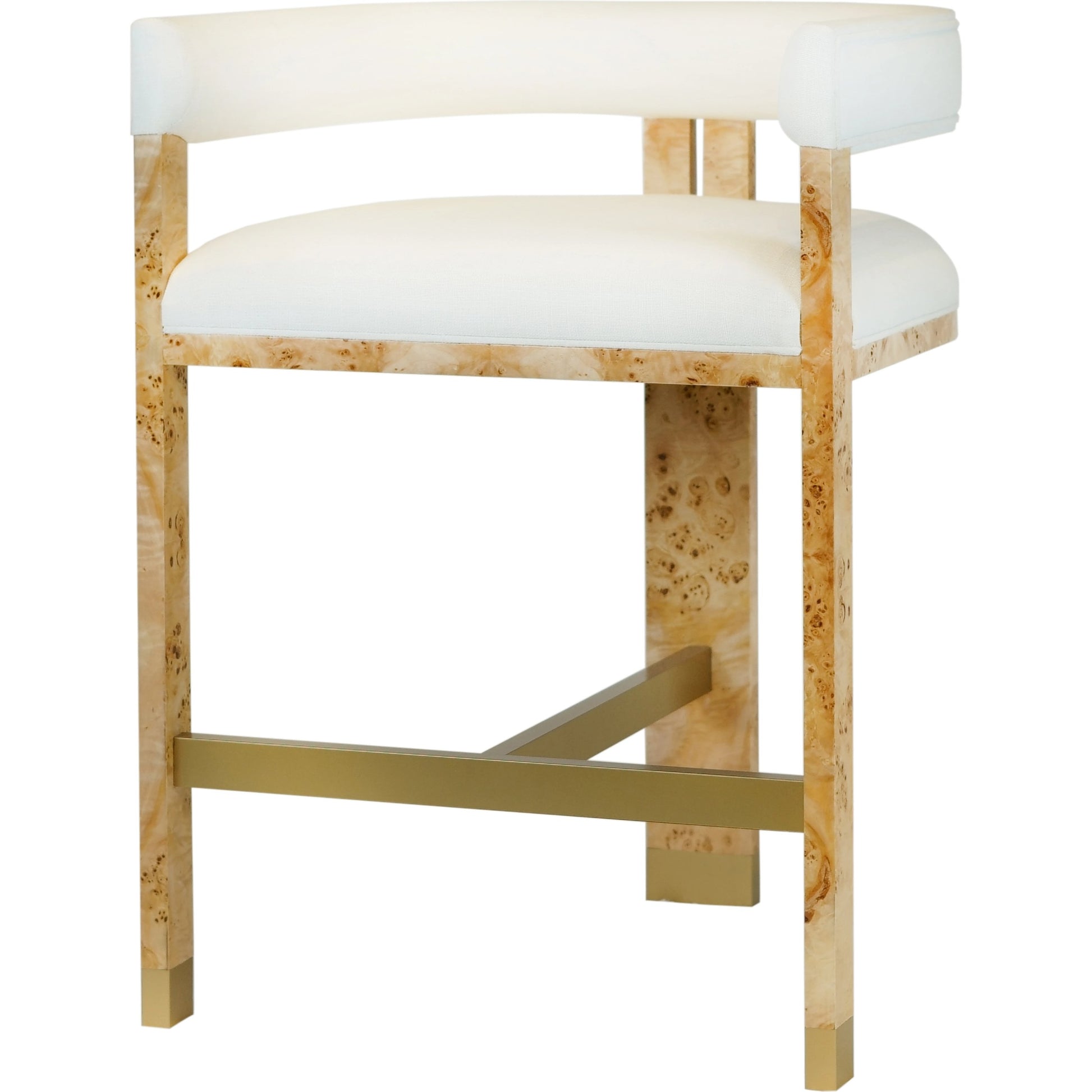 Cruise Counter Stool by Worlds Away in matte burl woodwhite linen. Made from hardwood solids, veneer, plywood, foam, fabric, metal in a cottage & farmhouse style.