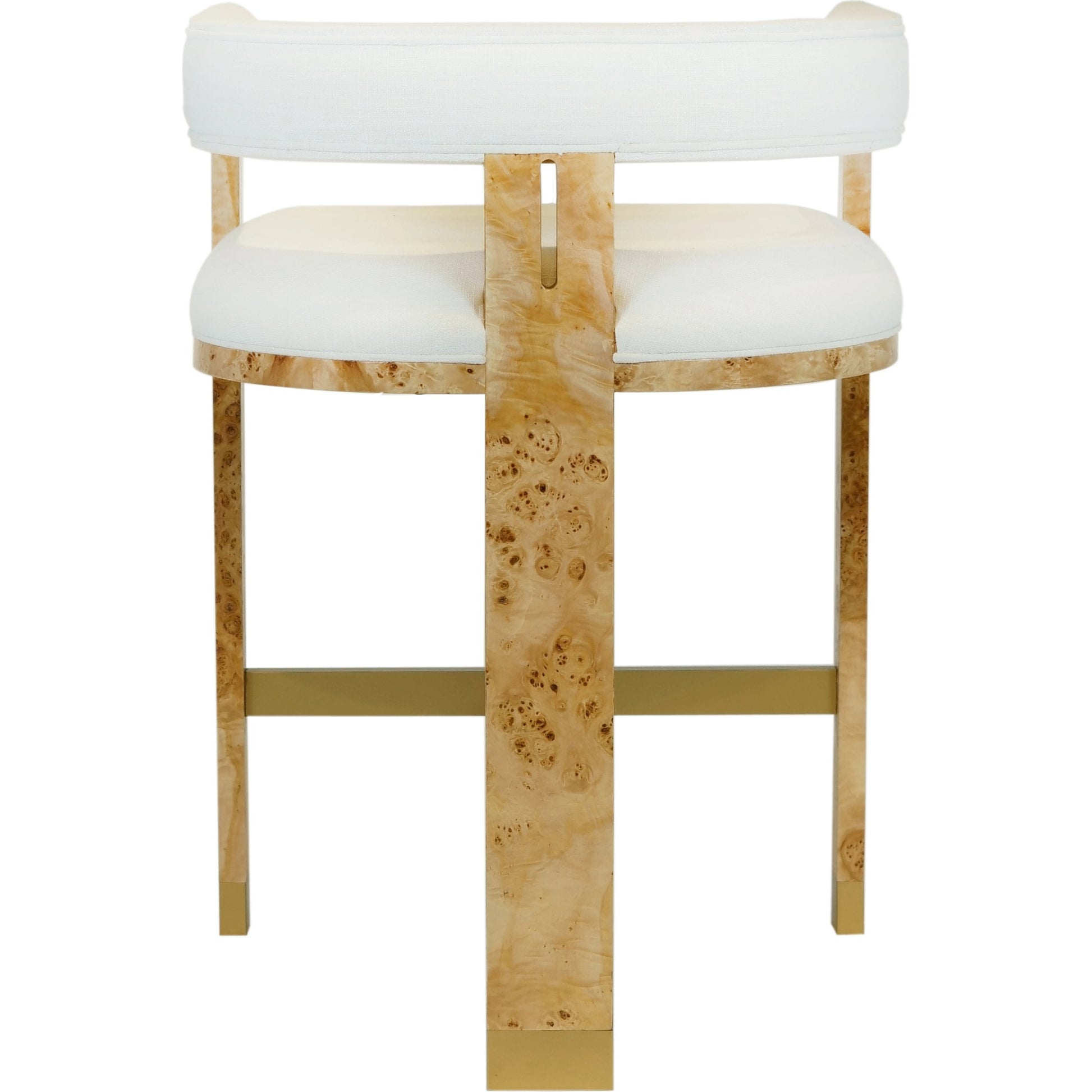 Cruise Counter Stool by Worlds Away in matte burl woodwhite linen. Made from hardwood solids, veneer, plywood, foam, fabric, metal in a cottage & farmhouse style.