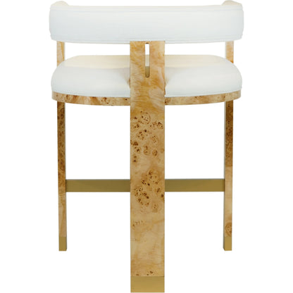 Cruise Counter Stool by Worlds Away in matte burl woodwhite linen. Made from hardwood solids, veneer, plywood, foam, fabric, metal in a cottage & farmhouse style.